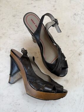 Miss Sixty Black Leather Slingback Platform Heels with Wood-Look Sole